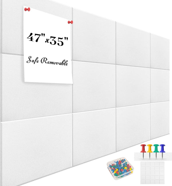 Large Office Cork Board Alternative 47"x35", 12 Pack Felt Wall Tiles for Wall Pin Board Tack Board