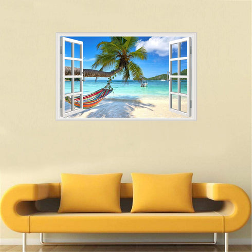 Beach Seascape Window Wall Sticker, Removable Palm Tree and Hammock Decal for Tropical Sea View in Living Room