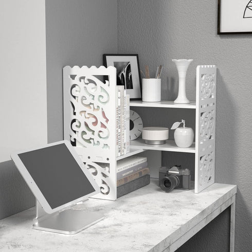 MASAKA B&W Desktop Organizers with Shelves, Adjustable WPC Display Shelf for Office Desk, Makeup Shelf, White