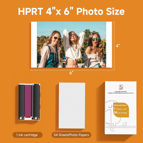 4x6" 54 1 CP4100/CP4000L/CP6000 Printer,4 HPRT Photo Paper Sheets & Ink Cartridges Refill, For HPRT Pass Dye