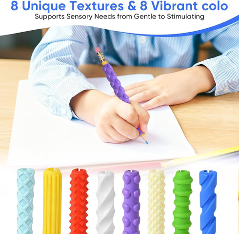 8-Pack Textured Silicone Pencil GripsSensory Fidget Sleeves for Kids& Adults,ADHD &Autism Anxiety Relief,Quiet