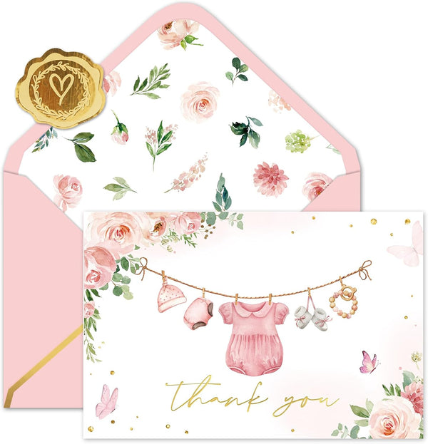 FYSUIMU 50 Pack Baby Shower Thank You Card Pink Floral Clothes Greeting
