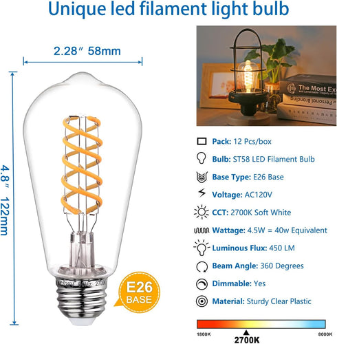 Dimmable ST58 LED Edison Bulbs, 4.5W Equivalent to 40W Vintage Light Bulbs, E26 Base 2700K ST58/ST19 LED Bulbs, Antique Flexible Spiral LED Filament Light Bulbs - Clear Plastic 12Pack by MYEMITTING