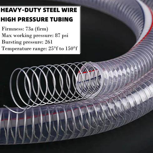 10FT Heavy-Duty Steel Wire Vacuum Suction Hose, 3/4 Inch ID x 1 Inch OD, High Pressure UV Chemical Resistant Tube