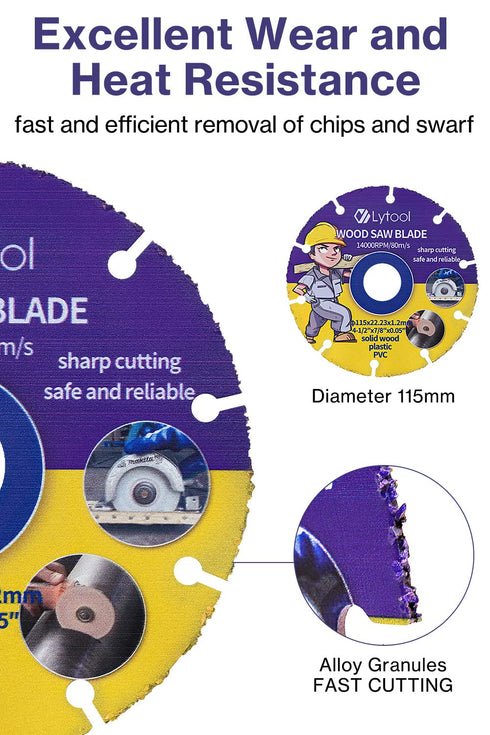 Lytool Wood Cutting Discs 4-1/2" for Angle Grinder, Woodworking Circular Saw Blade 7/8" Arbor for Wood, PVC, Rubber