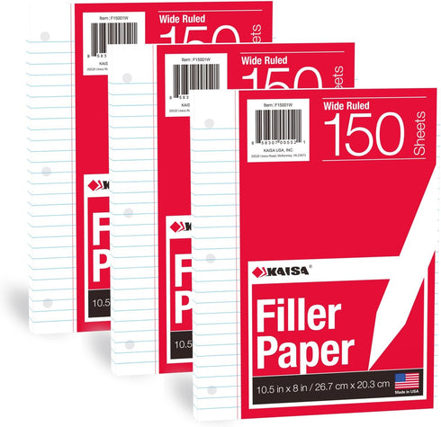 KAISA Filler Paper Loose Leaf Paper, Wide Ruled, 8"x10-1/2", 3-Hole Punched Binder Paper, 150 Sheets/pack, 3Pack