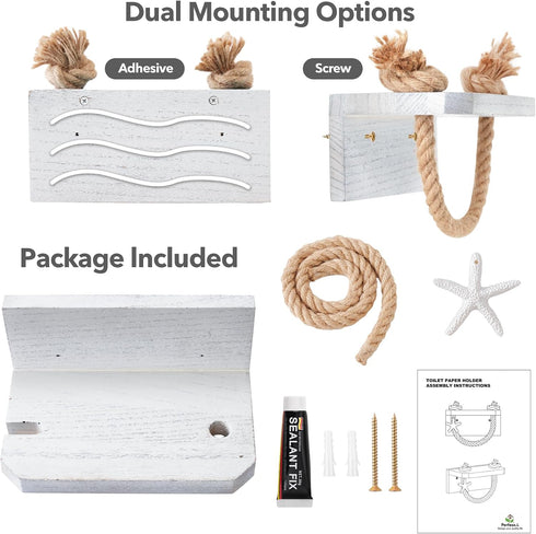 Farmhouse Toilet Paper Holder - Beach Toilet Paper Roll Holder Nautical Rope Starfish Towel Rack with White Shelf, Wall