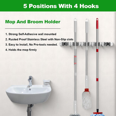 voze 5 Racks and 4 Hooks Mop and Broom Holder Wall Mount, Self Adhesive Heavy Duty Broom Organizer Storage Tool Racks for Kitchen Garden Laundry Garage by voze