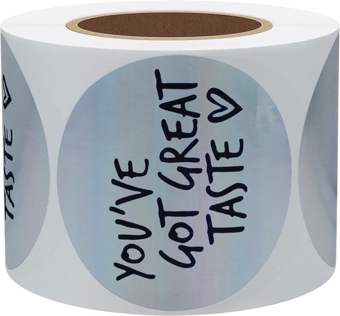 Hybsk Great Taste Holographic Silver & Black Ink Business Stickers, 300pc Round 2" Labels
