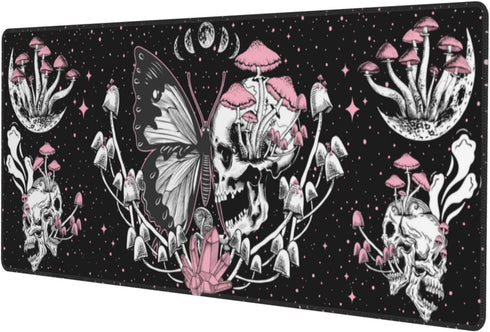 Skull Hippie Mushroom Moth Moon Gaming Mouse Pad XL, Large Extended Desk Pad, Long Nonslip Rubber Mat