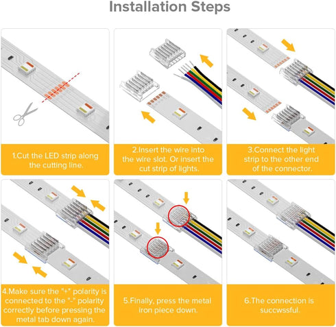 BTF-LIGHTING 6 Pin 12mm Transparent Connector Kit, 8pcs Corner Connector, 4pcs Gapless Solderless, 4pcs 22AWG Wires