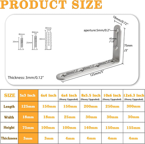8 Pack (5 3 Inch) Alise Floating Shelf Brackets,Brushed Nickel Heavy Duty L Bracket Corner Brace,Stainless Steel Corner