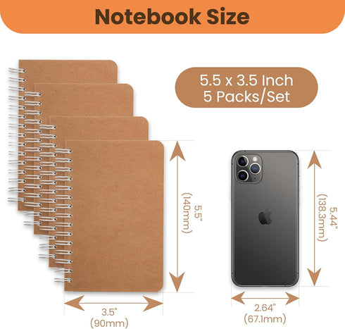 Spiral Notebook, 5 Pack Aesthetic Notebooks, 3.5”x5.5”, Kraft Cover, 180 Blank Pages, 90 Sheets