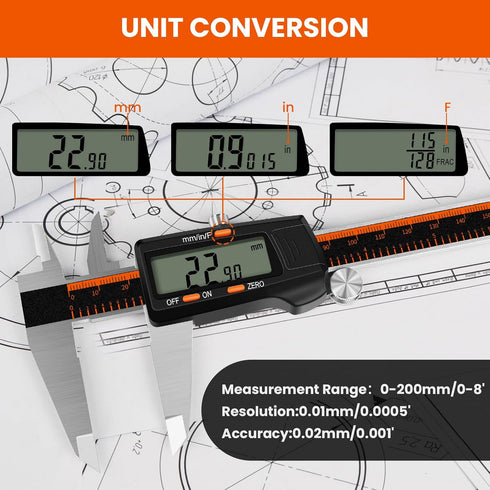 HARDELL Digital Caliper, 0-8 Inch Measuring Tool, Stainless Steel, Large LCD Screen, Waterproof Caliper for
