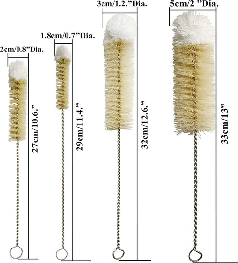 NewFerU Stainless Steel Soda Bottle Cleaning Brush Set with Natural Boar Bristle Wool Tip, Long Handle for Narrow Neck