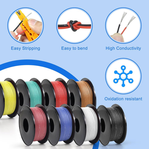 30 AWG Stranded Wire Spool, 16.5ft Each in 8 Colors - Silicone Electrical Tinned Copper Wire Kit for DIY, Automotive