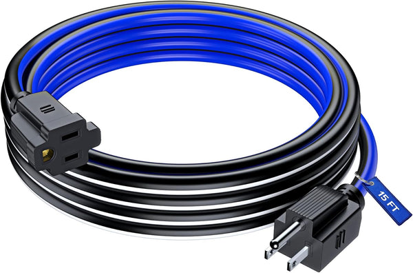 Maximm Extension Cord 15 ft, Heavy Duty Outdoor Extension Cord, 16 Gauge (Black, White, Blue) ETL Listed