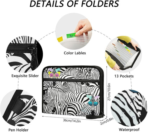 Funny Zebra Sunglasses Expanding File Folder, Black White Zebra Print, A4 Letter Size, Portable Document Organizer