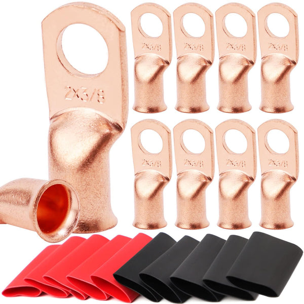 TKDMR 10pcs Heavy Duty 2 AWG-3/8 Battery Lugs, Ring Terminals, Battery Cable Ends with 10pcs Heat Shrink Tubing