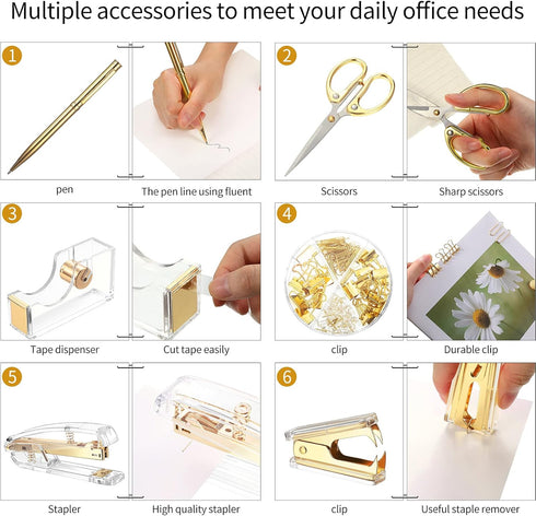 Office Supplies Set, Desk Accessory Kit, Acrylic Stapler, Tape Dispenser, Clips, Ballpoint Pen, 1000 Staples
