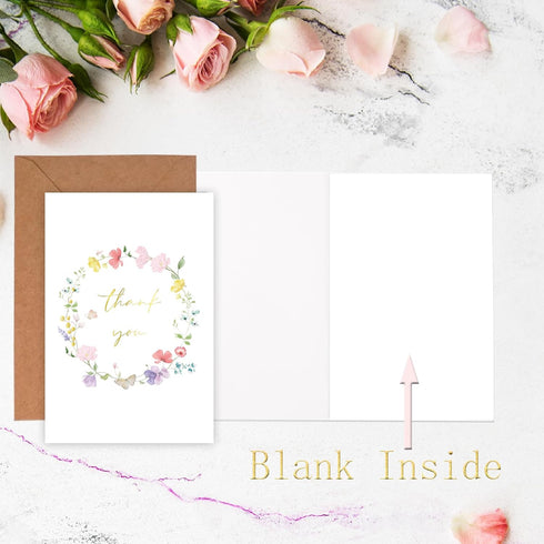 Generic 20 pack 4" 6" Floral Thank You Cards with Adhesive Envelopes, Gold Foil x Watercolor Wildflower Thank You Cards