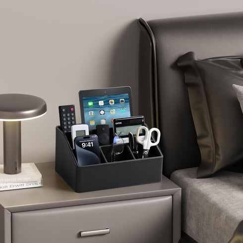 PU Leather Desk Organizer, Luxury Remote Control Holder for Home, Office Desk Accessories Table Caddy Bedside