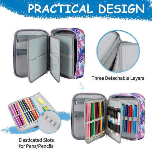 VASCHY Large Pencil Case Bag, Art Supply Marker Organizer with Detachable Layers, Multiple Zipper Pockets, Purple