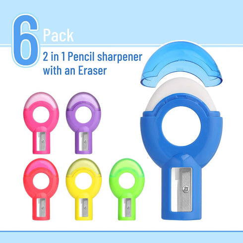 6 Pack, 2-in-1 Mr. Pen- Manual Pencil Sharpener & Eraser, Manual Sharpeners, Multicolored Sharpener with Eraser Fun