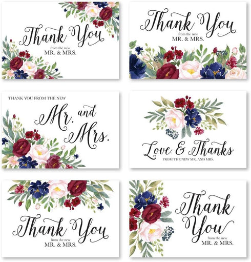 Hadley Designs Navy Floral Burgundy Wedding Thank You Cards with Envelopes | 24-Pack, 4x6 inches | Appreciation Notes