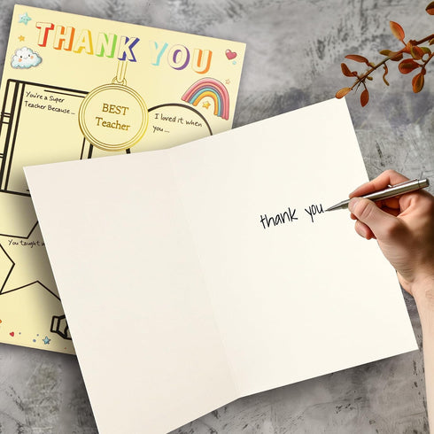 TzenvoGift 5-Pcs Teacher Thank You Cards Fill-in-the-Blank Appreciation Cards with Gold Foil Medal Fun & Colorful