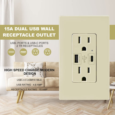 Micmi USB Outlet with C + A Wall Dual High Speed Receptacle, 15Amp 125Volt, Smart 4.8A Fast Charging, Tamper Resistant,