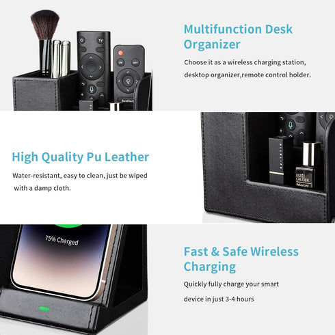 KINGFOM PU Leather Desk Organizer with Wireless Charging Station, 10W Charger for iPhone 14/14 Pro/13/12/Samsung Galaxy