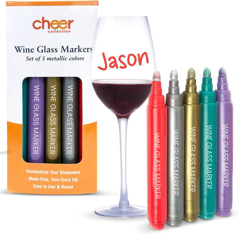 Cheer Collection Metallic Wine Glass Markers, Dry Erase Washable Marker Pens, Set of 5