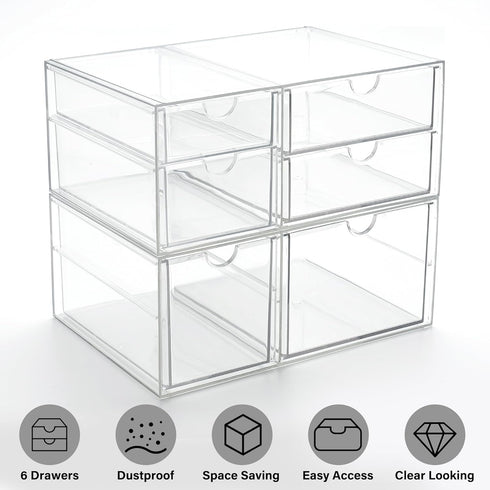 Prsildan Acrylic Drawer Makeup Organizer with 6 Drawers, Set of 2 Clear Stackable Storage for Vanity and Office