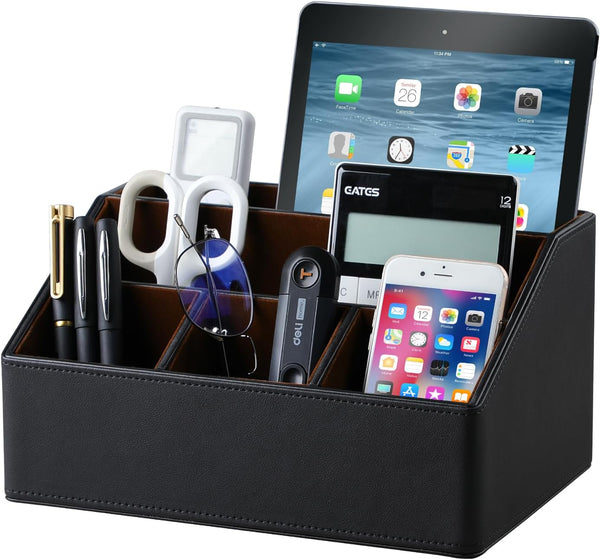 Pu Leather Desk Organizer, Multifunctional Storage Box with 5 Compartments, Office Accessories for Pen, Pencil,