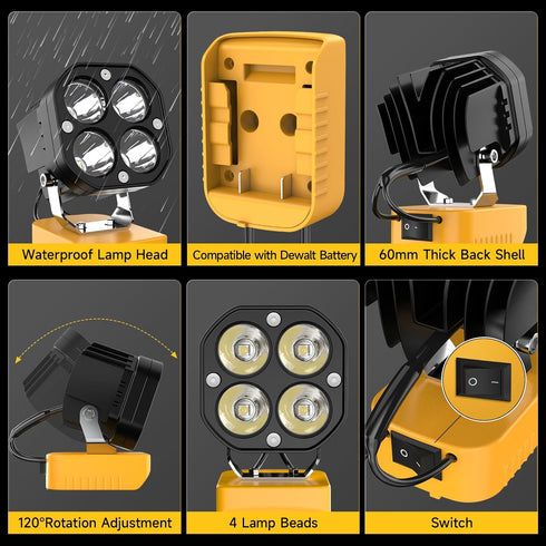 20V 40W 6000LM 20V 120Adjustable Azocek LED Work Light Compatible with Dewalt Battery, Flashlight, Battery Cordless