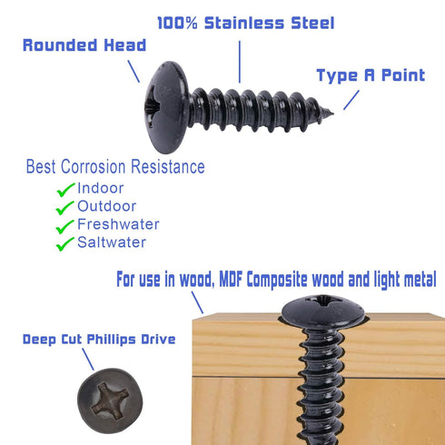 Bolt Dropper No. 8 x 1 Stainless Steel Wood Screws - 25 Pack Black Xylan Coated Phillips Truss Head Screws