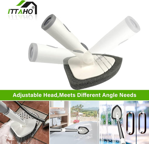4 Heads,59" ITTAHO Tile Tub Scrubber Brush with Cleaning Long Handle Stiff Bristles Scrub Brush with Extendable Pole