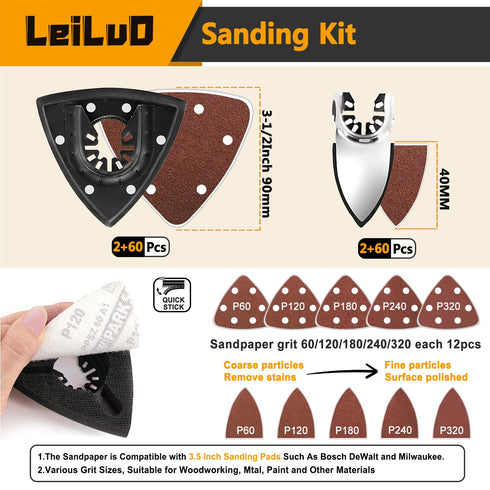 LEILUO 127 Pcs Oscillating Tool Sanding Pad Kit, Includes Triangle Sanding Pads and Adapters for DeWalt Dremel