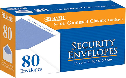 BAZIC #6 3/4 Security Envelopes with Gummed Closure, 80 Pack for Mailing and Organizing