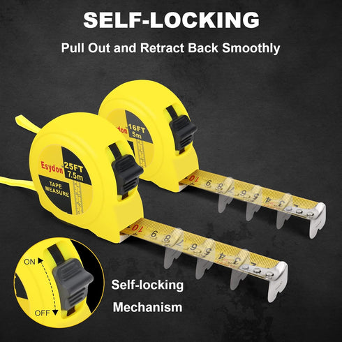 2 Packs Tape Measure 25 ft / 16 ft, Esydon Measuring Tape Extendable, Self-Locking Tape Measurer, Easy Read