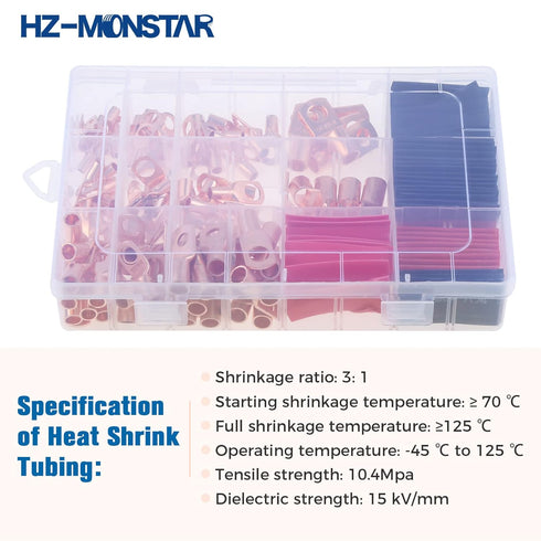 240Pcs Copper Wire Lugs with Heat Shrink Set, AWG 2 4 6 8 10 12 Ring Lug Connectors