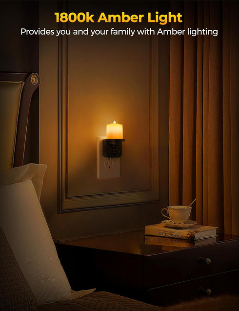 2 Pack, 0-100LM Dimmable, Briignite Flameless Candle Night Lights, Amber Plug-in LED Candle with Light Sensor, Kids