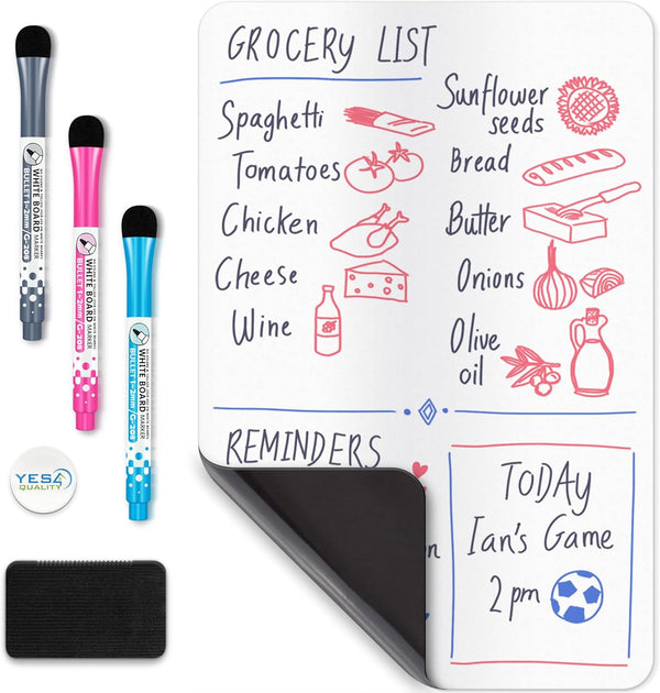 Magnetic Dry Erase White Board Sheet for Fridge 12x8 in, Stain Resistant with 3 Markers and Big Eraser, Planner