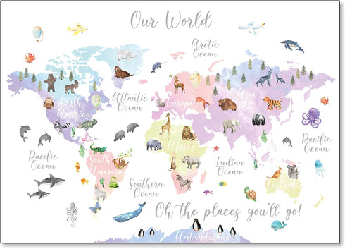 Vlejoy Pink Animal World Map Poster Print, 16x24in Canvas Wall Art for Girl's Bedroom & Classroom Decor