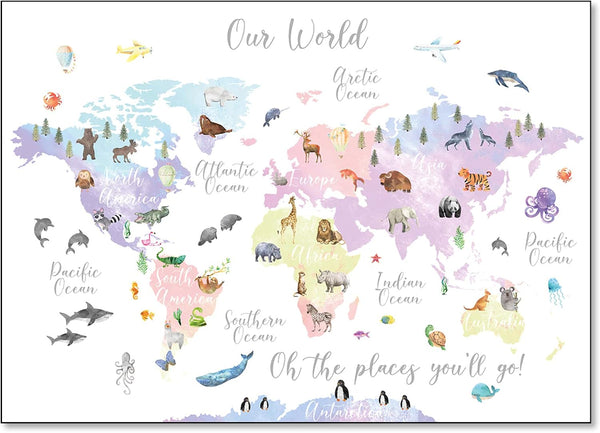 Vlejoy Pink Animal World Map Poster Print, 16x24in Canvas Wall Art for Girl's Bedroom & Classroom Decor