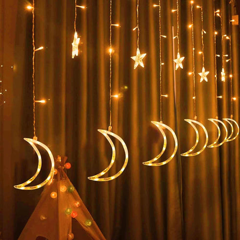 138 8.2ft 3.2ft 8 Dazzle Bright Ramadan Curtain String Lights, LED x Warm White Star Moon Lighting Modes Fairy Lights