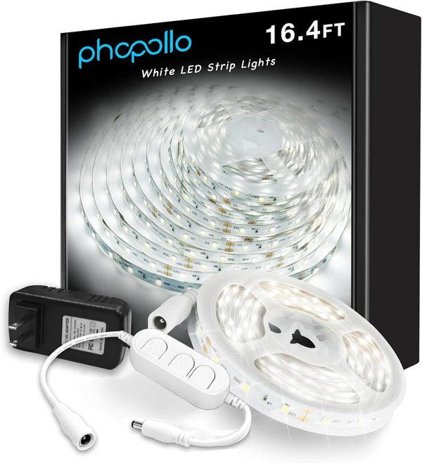 phopollo White LED Strip Lights, 16.4ft Dimmable 6500k Daylight White Led Light