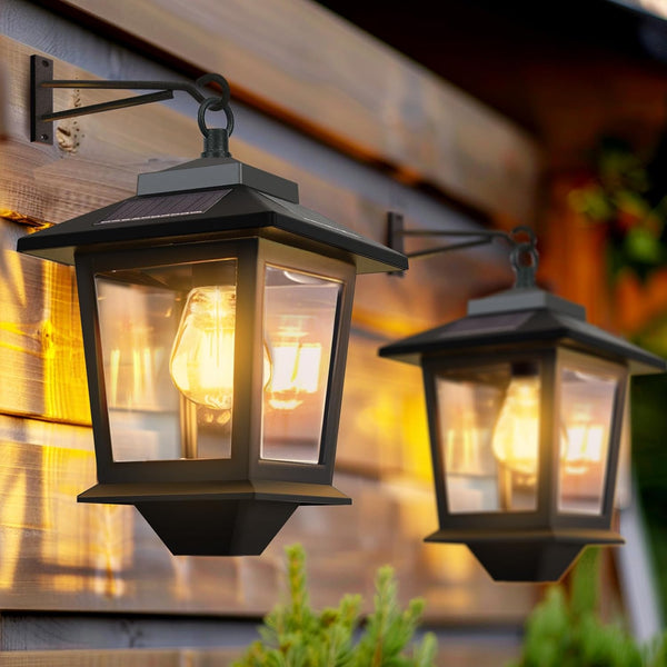 PASAMIC 2 Pack Solar Wall Lanterns with Replaceable Bulb,Outdoor Hanging Lights with
