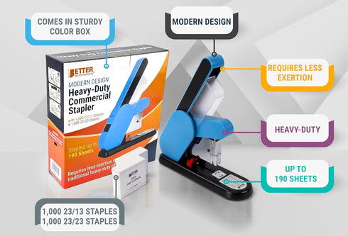 Heavy Duty Modern Stapler, 190 Sheet Capacity, 2,000 Heavy Duty Staples Included, Large Commercial Office Stapler